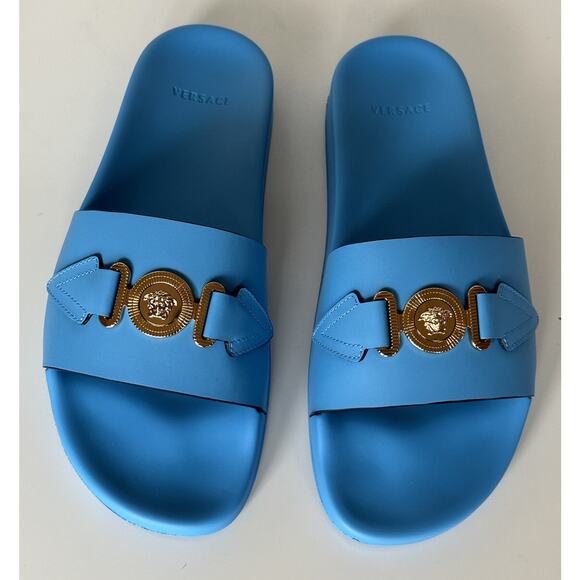 NIB $575 Versace Gold Medusa Leather/Rubber Sandals Blue 9.5 (42.5) 1004983 IT main image 10
